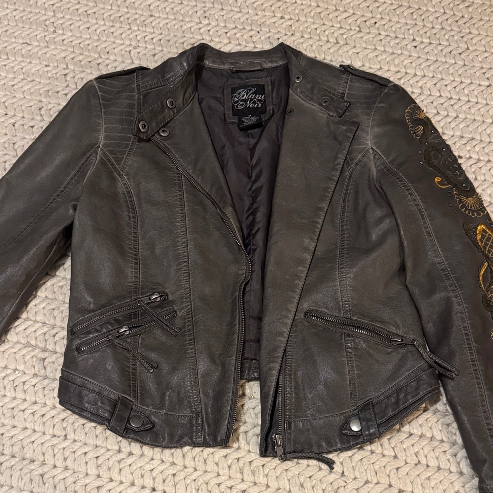 Black Rivet Women's Dark Gray Leather Jacket with Gold Accents